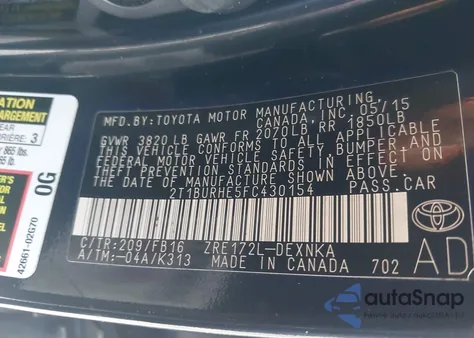 2015 Toyota Corolla L/Le/Le Pls/Prm/S/S Pls z USA, uszkodzony, nr VIN 2T1BURHE5FC430154